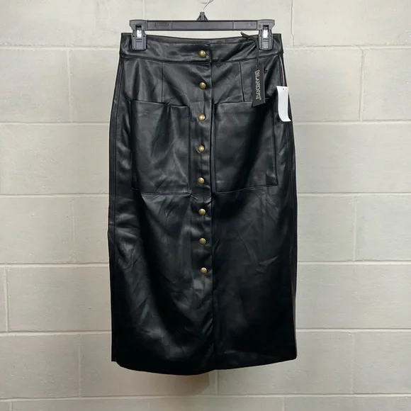 NWT Blank NYC Women's Faux Leather Snap Front Black Midi Skirt Size 25 Pockets - Picture 1 of 7
